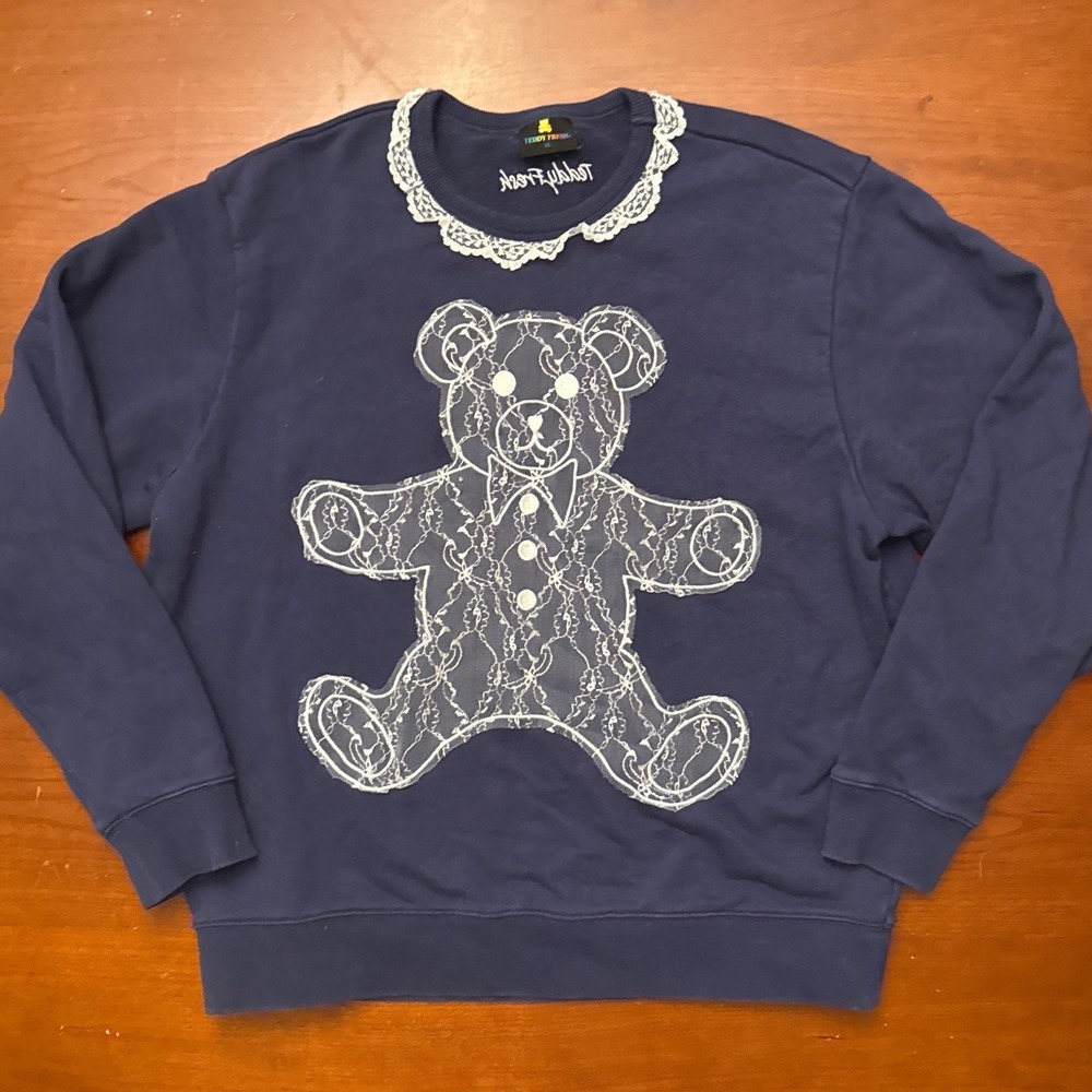 Teddy Fresh sweatshirt XL‎ Navy blue white bear lace appliqué RARE